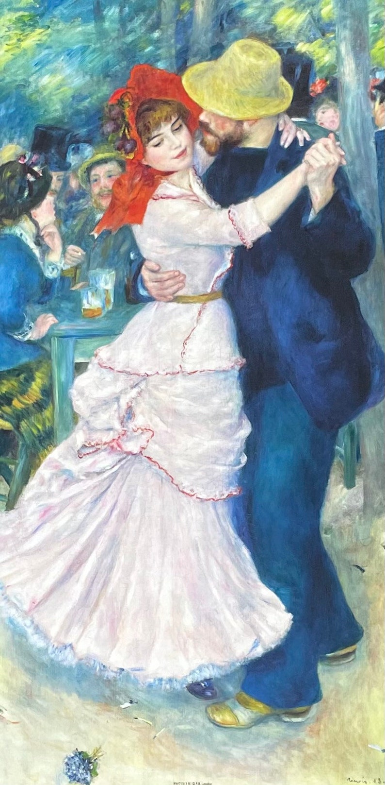 Peut inclure: Une peinture repr&eacute;sentant un couple dansant dans un jardin. La femme porte une robe blanche avec des bordures rouges et un chapeau rouge. L'homme porte un costume bleu et un chapeau de paille. La peinture est r&eacute;alis&eacute;e dans un style libre et impressionniste.