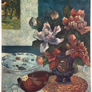Cartel de la exposición de Paul Gauguin - Bodegón con mandolina - jarrón con flores - impresión de arte muy temprana - SPADEM - 1960