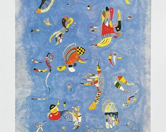 Puede incluir: Pintura abstracta con fondo azul y formas coloridas. Las formas están compuestas por líneas, puntos y espirales. La pintura es de estilo moderno.