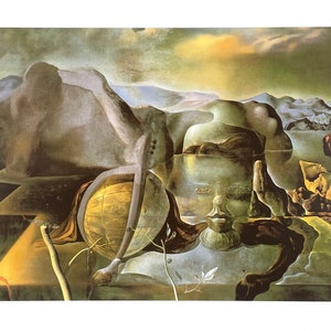 May include: Surrealist painting depicting a large, nude, reclining figure with a globe in the foreground. The figure is partially submerged in water, with a rocky landscape and a cloudy sky in the background.
