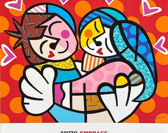 Romero Britto exhibition poster - Embrace - love - heart - museum artist - art print - pop art