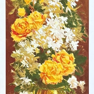 May include: An oil painting of a floral arrangement featuring yellow roses and white flowers in a clear glass vase. The background is a warm brown color, and a single white flower lies at the bottom.