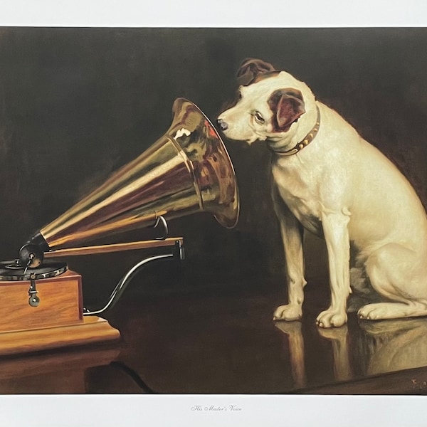 Francis Barraud exhibition poster - His Masters Voice - gramophone - dog - recording - museum artist - art print - offset lithograph