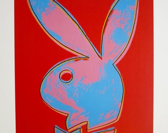 Plakat wystawowy Andy'ego Warhola - Playboy Bunny - niebieski - czerwony - pop art - playboy - vintage - litografia offsetowa - zielony żółty - 1995