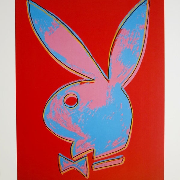 Affiche de l’exposition Andy Warhol - Playboy Bunny - bleu - rouge - pop art - playboy - vintage - lithographie offset - jaune vert - 1995