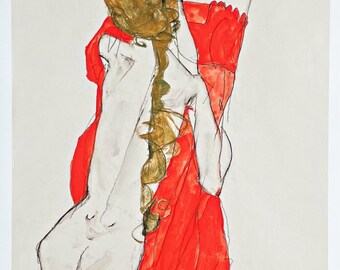 Egon Schiele utställningsaffisch - Mor och dotter - naken - museikonstnär - konsttryck - offset litografi - röd klänning