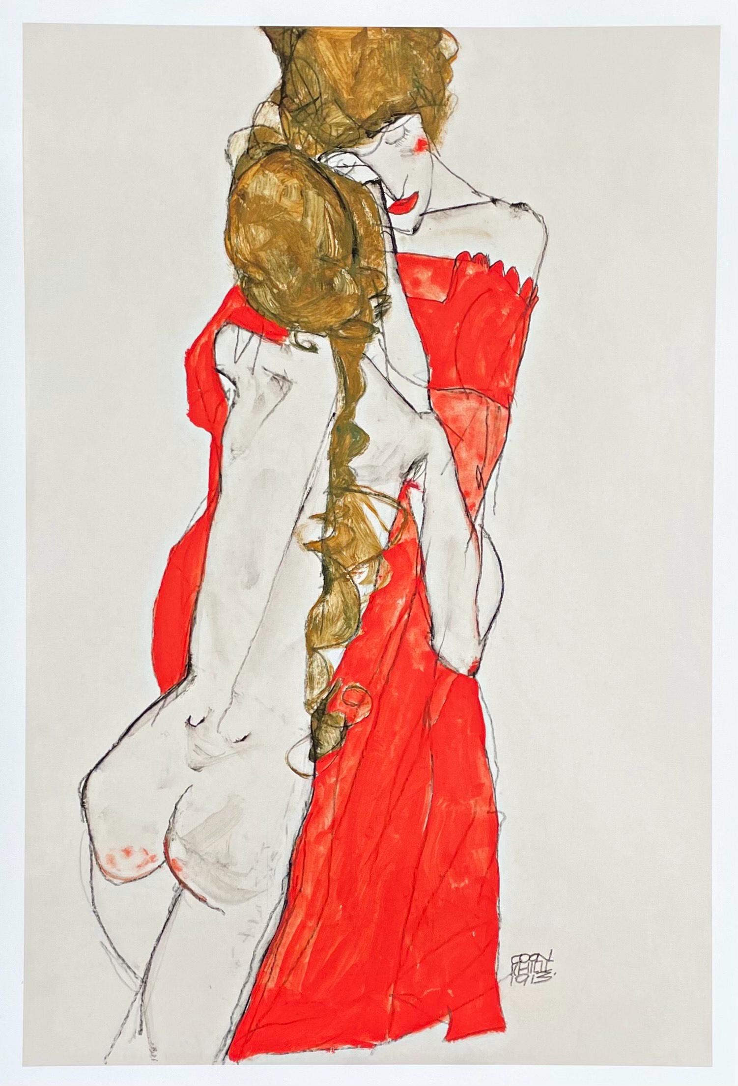Manifesto della mostra di Egon Schiele - Madre e figlia - nudo - artista del museo - stampa artistica - litografia offset - vestito rosso