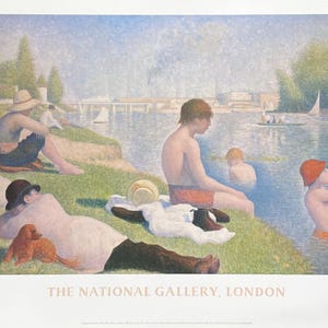 May include: A painting of a group of people enjoying a day at the beach. The painting is done in a pointillist style, with small dots of color creating the image. The people are all wearing bathing suits and are either swimming, sunbathing, or relaxing on the shore. The painting is set against a backdrop of a river and a city skyline.