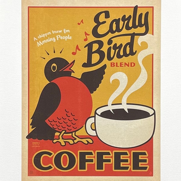 Affiche Early Bird Coffee - Good Morning - petit déjeuner - Cappuccino - art de cuisine - impression d'art - lithographie offset - restaurant - bar