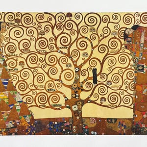 May include: A print of Gustav Klimt's "The Tree of Life" featuring a stylized tree with swirling branches and decorative elements. The artwork has a warm colour palette with gold, brown, and yellow tones. Figures are depicted on either side of the tree.