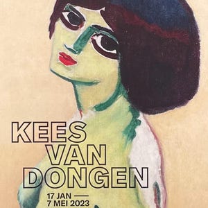 Puede incluir: Un cartel con un retrato estilizado de una persona con piel verde, labios rojos y cabello oscuro. El cartel incluye el texto "KEES VAN DONGEN" y "SINGER LAREN" con las fechas "17 JAN - 7 MEI 2023".
