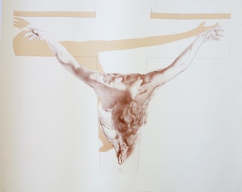 Salvador Dali exhibition poster - Christ of St John of the Cross - Crucifixion - museum artist - very early vintage art print - 1950s