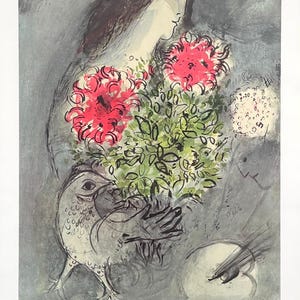 Cartel de la exposición de Marc Chagall - Mujer, flores y pájaro - Artista del museo - Impresión artística - Años 70