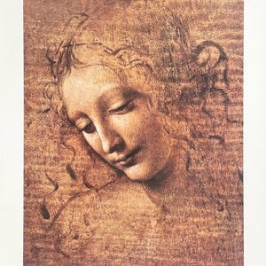 May include: A black and white drawing of a woman's face. The woman has long, wavy hair and is looking down. The drawing is on a brown background.