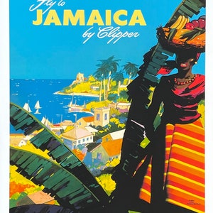 Póster de la exposición "Vuela a Jamaica en Clipper" - Pan American World Airways - Avión - Impresión artística - Caribe - Turismo - Reproducción