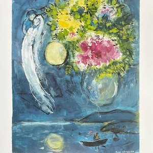 Cartel de la exposición de Marc Chagall - Amantes y jarrón con flores - Artista del museo - Impresión artística - Azul - Naturaleza muerta - 1994
