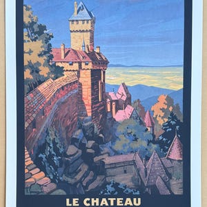 May include: Vintage travel poster for the Chemins de Fer d'Alsace et de Lorraine, featuring Le Chateau du Haut-Koenigsbourg. The poster depicts a detailed illustration of the castle on a hillside, with text at the top and bottom.