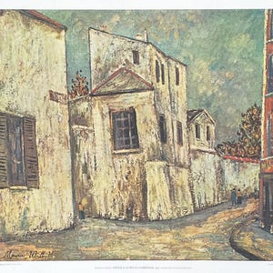 May include: An impressionistic painting of a street scene with buildings in shades of white, beige, and brown. The buildings have dark windows and shutters. A red building with a sign that reads "A LA BELLE" is on the right. The sky is a mix of blue and green.