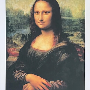 May include: A painting of a woman with a soft smile, wearing a dark dress with a low neckline. The background is a landscape with a river and mountains.