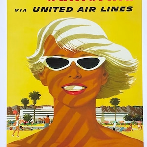 United Airlines tourism poster - Southern California - travel - sun - holidays - decorative art print - offset litho