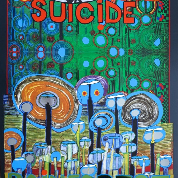 Cartel de la exposición Hundertwasser - Supervivencia o suicidio - Salvar la selva tropical - impresión del museo - negro - excelente - 1990