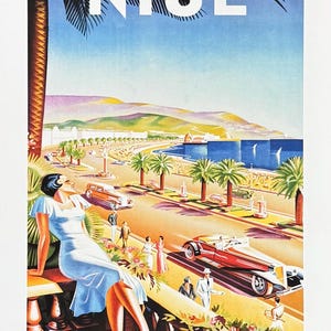 Niza - Costa Azul - Francia - Paseo marítimo - Sol amarillo - Coche rojo - Turismo francés - Viajes - Lámina decorativa - Póster de exposición