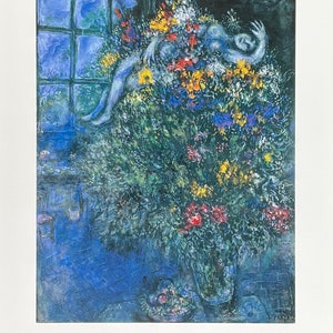 Cartel de la exposición de Marc Chagall: El ramo resplandeciente, artista del museo, impresión artística, azul, flores, amor