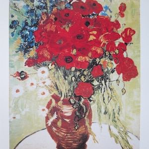 Cartel de la exposición Vincent van Gogh - jarrón con flores rojas - impresión del museo - litografía offset - bodegón