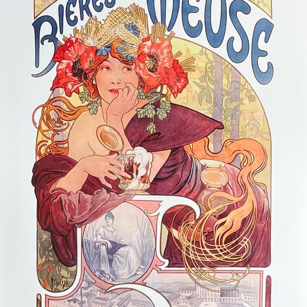 Alfons Mucha Ausstellungsplakat - Bieres de la Meuse - Jugendstil - Dame - Kunstdruck - Jugendstil - Prag - Tschechisch - Reproduktion