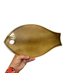 May include: A brown ceramic fish-shaped serving platter with a textured surface. The platter has a hole in the top for hanging.