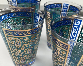 Georges Briard Glasses Vintage / Blue Sari Paisley 22K gold  Set 4 / Mid Century Modern Glasses  / Entertaining Elevated