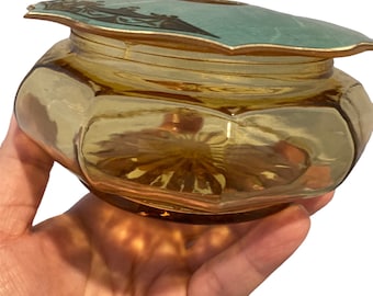 Vintage Art Deco Amber Glass Dresser Dish with Celluloid Lid