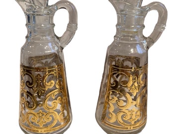 Vintage Georges Briard Gold Oil & Vinegar Cruets - 1960s Carafe Set