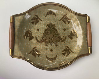 Georges Briard MCM Glass Tray: Sonata Bird Pattern, Teak Handles, Vintage Home
