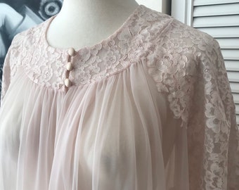 Vintage Shadowline Peignoir: 1960s Sheer Lace Robe