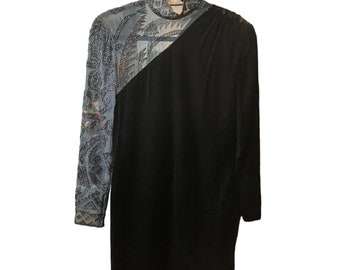 Vintage Victor Costa Black Velvet Beaded Dress: Asymmetrical Sheath