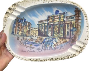 Vintage German Porcelain Ashtray: Hand-Painted Trevi Fountain Wall Art, Vintage Home