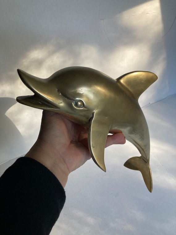 Vintage Brass Porpoise Figure: Large Nautical Coastal Decor