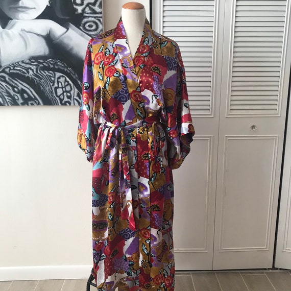 1980s silky abstract kimono robe with matching bel
