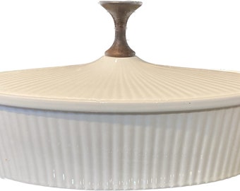 Mid Century Oval Casserole Dish: Earnest Sohn Ceramic with Wooden Handle