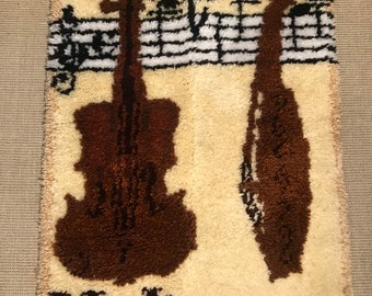 1970s  Latch Hook / Hand Made Textile Art / Vintage Wall Art  / Musical Instruments Theme