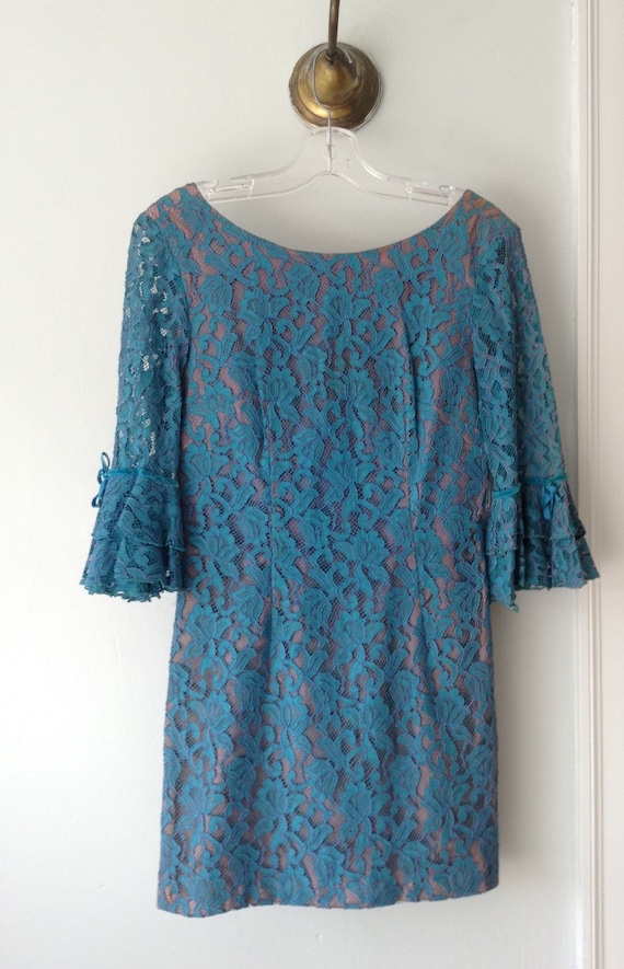 1970s Vintage Turquoise Lace Mini Dress with Ruffl