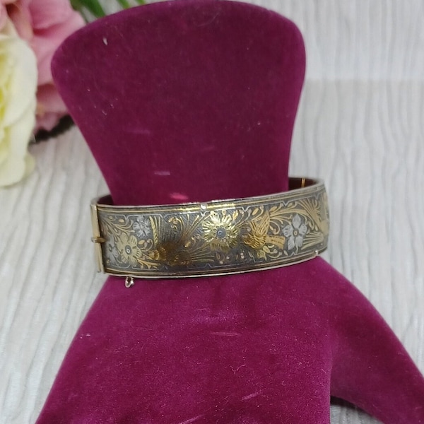 Vintage Shakudo Bangle in Gold Tone with Birds and Flowers in Gold and Silver Inlay ~ Damascene Jewellery ~ Made in Japan