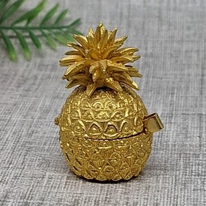 Pineapple Shape Pill or Saccharin Box with Tongs ~ Gold Tone