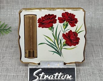 Stratton Lipstick Empress Compact ~ White with Red Carnation Flowers