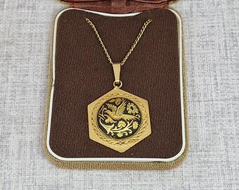 Pendentif Or De Tolède Damascène – Motif Oiseau, Fleurs, Feuilles Doré Et Noir – Vintage, Occasion