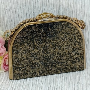Stratton Party Case with Compact, Cigarette Case & Comb ~ Minaudière ~ Black with Gold Flowers and Leaves