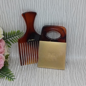 Peine Stratton vintage con espejo, dientes anchos, desenredante, afro, rizado, permanente, iniciales PJL grabadas.