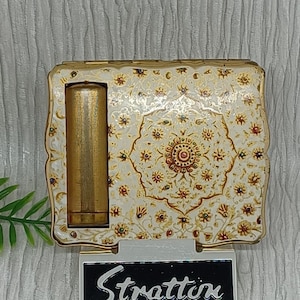 Stratton Lipstick Empress Compact ~ Cream Enamel with Gold Floral Pattern ~ The Indian Jewel Design