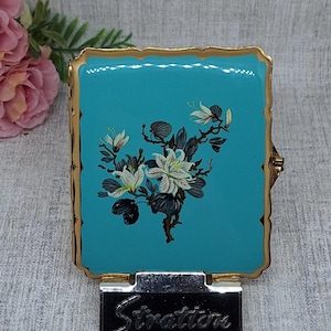 Stratton Cigarette Case ~ Turquoise Green with White Flowers ~ Mid Century 1950s